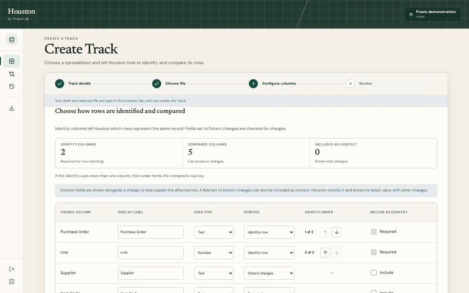 Houston workflow showing a supplier schedule configured, a later version uploaded, changes reviewed and original evidence inspected.